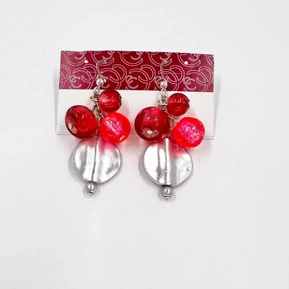 NWT - Charming Charlie - Coral Glass Beaded Disk Dangle Silver Tone Earrings - Picture 5 of 7